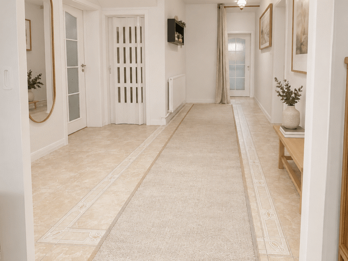 Vizualizace světlé minimalistické chodby v přízemí domu