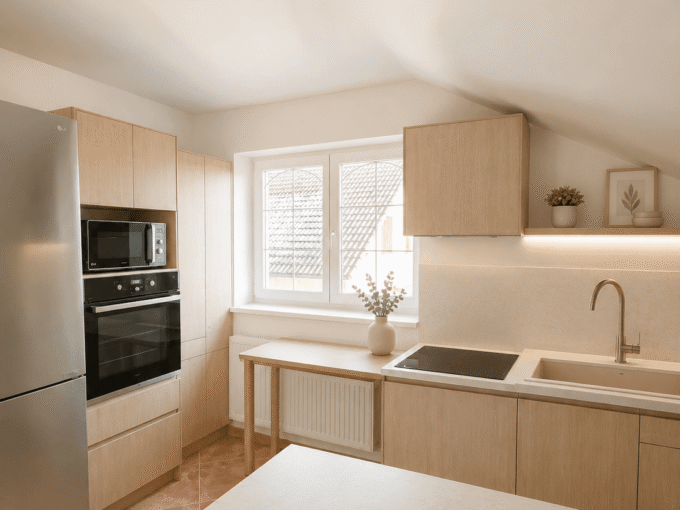 Vizualizace světlé minimalistické kuchyně v patře domu