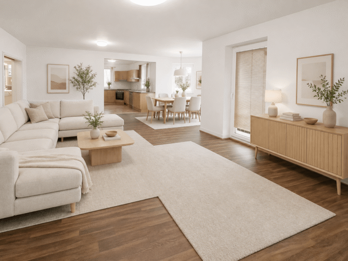 Vizualizace světlého minimalistického obývacího pokoje s jídelní částí