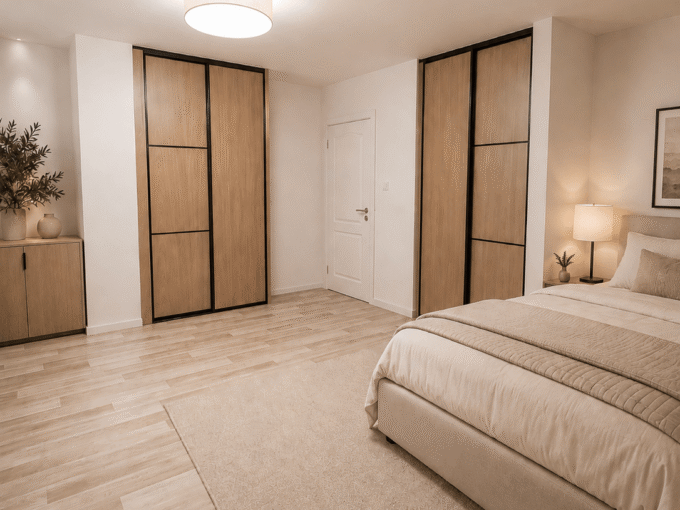Vizualizace světlé minimalistické ložnice v patře domu